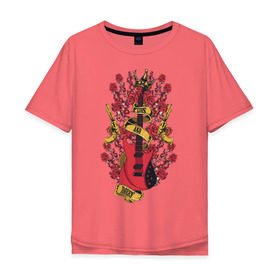 Мужская футболка хлопок Oversize с принтом GunsnRoses в Петрозаводске, 100% хлопок | свободный крой, круглый ворот, “спинка” длиннее передней части | guitar | gun | guns | music | rock | rose | roses | гитара | музыка | пистолет | розы | рок
