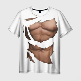 Мужская футболка 3D с принтом Идеальный рельеф в Петрозаводске, 100% полиэфир | прямой крой, круглый вырез горловины, длина до линии бедер | бодибилдинг | идеальное | креатив | мышцы | накаченный | пресс | рваная | рельеф | спорт | тело