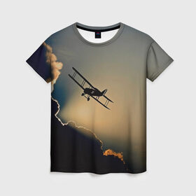 Женская футболка 3D с принтом Покоритель небес в Петрозаводске, 100% полиэфир ( синтетическое хлопкоподобное полотно) | прямой крой, круглый вырез горловины, длина до линии бедер | закат | кукурузник | небо | облака | самолёт | силуэт