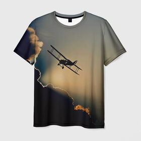 Мужская футболка 3D с принтом Покоритель небес в Петрозаводске, 100% полиэфир | прямой крой, круглый вырез горловины, длина до линии бедер | Тематика изображения на принте: закат | кукурузник | небо | облака | самолёт | силуэт