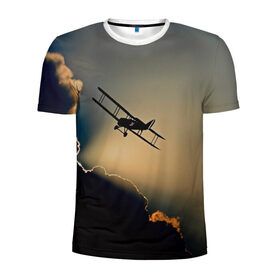 Мужская футболка 3D спортивная с принтом Покоритель небес в Петрозаводске, 100% полиэстер с улучшенными характеристиками | приталенный силуэт, круглая горловина, широкие плечи, сужается к линии бедра | закат | кукурузник | небо | облака | самолёт | силуэт