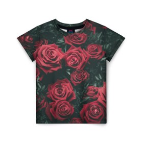 Детская футболка 3D с принтом Бархатные розы в Петрозаводске, 100% гипоаллергенный полиэфир | прямой крой, круглый вырез горловины, длина до линии бедер, чуть спущенное плечо, ткань немного тянется | Тематика изображения на принте: бархат | бутоны | роза | розы | цветы