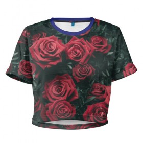 Женская футболка 3D укороченная с принтом Бархатные розы в Петрозаводске, 100% полиэстер | круглая горловина, длина футболки до линии талии, рукава с отворотами | бархат | бутоны | роза | розы | цветы