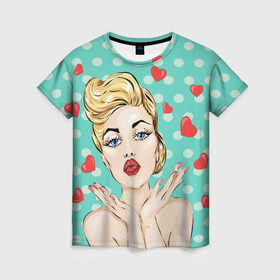 Женская футболка 3D с принтом Pop Art в Петрозаводске, 100% полиэфир ( синтетическое хлопкоподобное полотно) | прямой крой, круглый вырез горловины, длина до линии бедер | горошек | губы | девушка | кружочки | поп арт | поцелуй | сердечки | текстура
