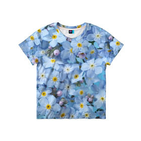 Детская футболка 3D с принтом Незабудки в Петрозаводске, 100% гипоаллергенный полиэфир | прямой крой, круглый вырез горловины, длина до линии бедер, чуть спущенное плечо, ткань немного тянется | Тематика изображения на принте: лето | небо | цветы