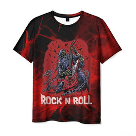 Мужская футболка 3D с принтом Мертвый гитарист в Петрозаводске, 100% полиэфир | прямой крой, круглый вырез горловины, длина до линии бедер | rock | ворон | гитара | гитарист | жанр | космос | красный | мертвец | металл | музыка | надпись | панк | песня | птицы | рок | рок н рол | скелет | стиль | хард | хой | цепи | череп | я люблю рок