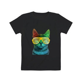 Детская футболка хлопок с принтом Кот в очках в Петрозаводске, 100% хлопок | круглый вырез горловины, полуприлегающий силуэт, длина до линии бедер | Тематика изображения на принте: cat | kitty | space | животные | космос | кот | котенок | кошка | очки | радуга | цвет