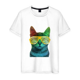 Мужская футболка хлопок с принтом Кот в очках в Петрозаводске, 100% хлопок | прямой крой, круглый вырез горловины, длина до линии бедер, слегка спущенное плечо. | cat | kitty | space | животные | космос | кот | котенок | кошка | очки | радуга | цвет
