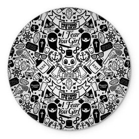 Коврик круглый с принтом Tokyo Tattoo Sticker Bomb в Петрозаводске, резина и полиэстер | круглая форма, изображение наносится на всю лицевую часть | Тематика изображения на принте: casual | design | pattern | ray ban | skull | street | texture | urban | дизайн | индеец | мода | очки | повтор | принт | стикербомб | стикеры | тату | текстура | узор | улица | хулиган | череп | шляпа