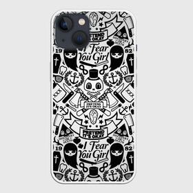 Чехол для iPhone 13 с принтом Tokyo Tattoo Sticker Bomb в Петрозаводске,  |  | casual | design | pattern | ray ban | skull | street | texture | urban | дизайн | индеец | мода | очки | повтор | принт | стикербомб | стикеры | тату | текстура | узор | улица | хулиган | череп | шляпа