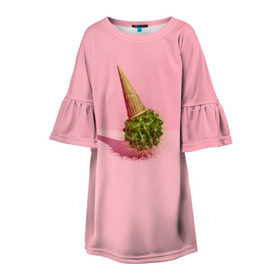Детское платье 3D с принтом Ванильный Кактус в Петрозаводске, 100% полиэстер | прямой силуэт, чуть расширенный к низу. Круглая горловина, на рукавах — воланы | вафля | вкусняшка | еда | жара | иголки | кактусы | картина | лед | лето | мимими | мороженка | мороженое | необычный | пломбир | растение | рожок | розовый | сладкое | сюрреализм | тень | эскимо