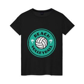 Женская футболка хлопок с принтом Пляжный волейбол в Петрозаводске, 100% хлопок | прямой крой, круглый вырез горловины, длина до линии бедер, слегка спущенное плечо | sport | volleyball | волейбол | игрок | лето | море | мяч | пальма | пляж | победа | спорт