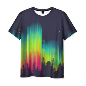 Мужская футболка 3D с принтом Северное сияние в Петрозаводске, 100% полиэфир | прямой крой, круглый вырез горловины, длина до линии бедер | бор | деревья | звездное | звезды | зеленый | кислота | кислотный | красный | лес | лучи | небо | ночь | природа | радужный | свет | север | тайга