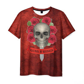 Мужская футболка 3D с принтом Gans N Roses в Петрозаводске, 100% полиэфир | прямой крой, круглый вырез горловины, длина до линии бедер | gans n roses | группа | исполнители | меч | музыка | песни | розы | рок группа | череп