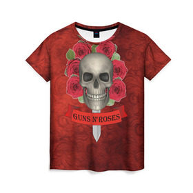 Женская футболка 3D с принтом Gans N Roses в Петрозаводске, 100% полиэфир ( синтетическое хлопкоподобное полотно) | прямой крой, круглый вырез горловины, длина до линии бедер | gans n roses | группа | исполнители | меч | музыка | песни | розы | рок группа | череп