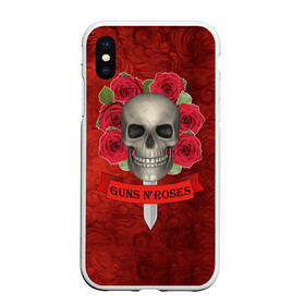 Чехол для iPhone XS Max матовый с принтом Gans N Roses в Петрозаводске, Силикон | Область печати: задняя сторона чехла, без боковых панелей | gans n roses | группа | исполнители | меч | музыка | песни | розы | рок группа | череп