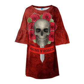 Детское платье 3D с принтом Gans N Roses в Петрозаводске, 100% полиэстер | прямой силуэт, чуть расширенный к низу. Круглая горловина, на рукавах — воланы | gans n roses | группа | исполнители | меч | музыка | песни | розы | рок группа | череп