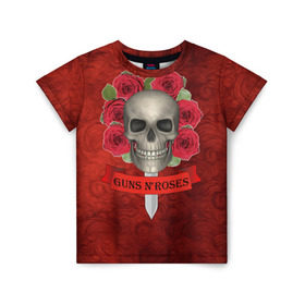 Детская футболка 3D с принтом Gans N Roses в Петрозаводске, 100% гипоаллергенный полиэфир | прямой крой, круглый вырез горловины, длина до линии бедер, чуть спущенное плечо, ткань немного тянется | gans n roses | группа | исполнители | меч | музыка | песни | розы | рок группа | череп