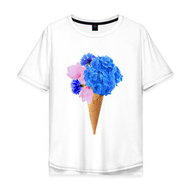 Мужская футболка хлопок Oversize с принтом Мороженое букет в Петрозаводске, 100% хлопок | свободный крой, круглый ворот, “спинка” длиннее передней части | flowers | василек | вафля | гортензия | магнолия | рожок | розовый | синий | цветы