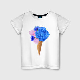 Детская футболка хлопок с принтом Мороженое букет в Петрозаводске, 100% хлопок | круглый вырез горловины, полуприлегающий силуэт, длина до линии бедер | flowers | василек | вафля | гортензия | магнолия | рожок | розовый | синий | цветы