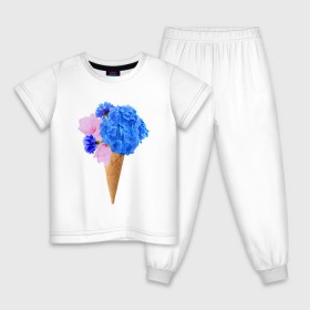 Детская пижама хлопок с принтом Мороженое букет в Петрозаводске, 100% хлопок |  брюки и футболка прямого кроя, без карманов, на брюках мягкая резинка на поясе и по низу штанин
 | flowers | василек | вафля | гортензия | магнолия | рожок | розовый | синий | цветы
