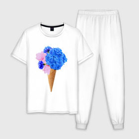 Мужская пижама хлопок с принтом Мороженое букет в Петрозаводске, 100% хлопок | брюки и футболка прямого кроя, без карманов, на брюках мягкая резинка на поясе и по низу штанин
 | flowers | василек | вафля | гортензия | магнолия | рожок | розовый | синий | цветы