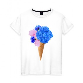 Женская футболка хлопок с принтом Мороженое букет в Петрозаводске, 100% хлопок | прямой крой, круглый вырез горловины, длина до линии бедер, слегка спущенное плечо | flowers | василек | вафля | гортензия | магнолия | рожок | розовый | синий | цветы