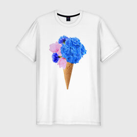 Мужская футболка премиум с принтом Мороженое букет в Петрозаводске, 92% хлопок, 8% лайкра | приталенный силуэт, круглый вырез ворота, длина до линии бедра, короткий рукав | Тематика изображения на принте: flowers | василек | вафля | гортензия | магнолия | рожок | розовый | синий | цветы