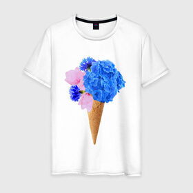 Мужская футболка хлопок с принтом Мороженое букет в Петрозаводске, 100% хлопок | прямой крой, круглый вырез горловины, длина до линии бедер, слегка спущенное плечо. | flowers | василек | вафля | гортензия | магнолия | рожок | розовый | синий | цветы