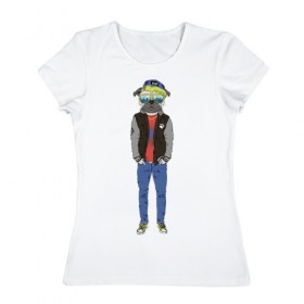 Женская футболка хлопок с принтом Fashionable pug в Петрозаводске, 100% хлопок | прямой крой, круглый вырез горловины, длина до линии бедер, слегка спущенное плечо | 