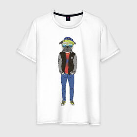 Мужская футболка хлопок с принтом Fashionable pug в Петрозаводске, 100% хлопок | прямой крой, круглый вырез горловины, длина до линии бедер, слегка спущенное плечо. | 