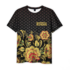 Мужская футболка 3D с принтом Россия в Петрозаводске, 100% полиэфир | прямой крой, круглый вырез горловины, длина до линии бедер | роспись | россия | хохлома | цветы | я русский