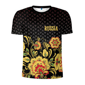 Мужская футболка 3D спортивная с принтом Россия в Петрозаводске, 100% полиэстер с улучшенными характеристиками | приталенный силуэт, круглая горловина, широкие плечи, сужается к линии бедра | Тематика изображения на принте: роспись | россия | хохлома | цветы | я русский
