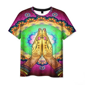 Мужская футболка 3D с принтом Meditation в Петрозаводске, 100% полиэфир | прямой крой, круглый вырез горловины, длина до линии бедер | Тематика изображения на принте: 3d | indian | mandala | арт | йога | медитация | руки | узор | цветы