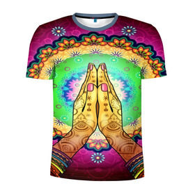 Мужская футболка 3D спортивная с принтом Meditation в Петрозаводске, 100% полиэстер с улучшенными характеристиками | приталенный силуэт, круглая горловина, широкие плечи, сужается к линии бедра | 3d | indian | mandala | арт | йога | медитация | руки | узор | цветы