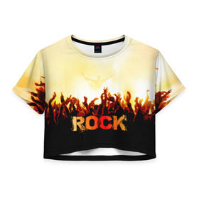 Женская футболка 3D укороченная с принтом Rock концерт в Петрозаводске, 100% полиэстер | круглая горловина, длина футболки до линии талии, рукава с отворотами | rock | в толпу | гитара | группа | дым | жанр | концерт | металл | музыка | надпись | панк | певец | песня | прыжок | рок | рок н рол | руки | стиль | хард | хой | я люблю рок