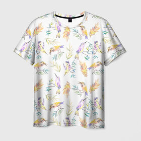 Мужская футболка 3D с принтом Пташки в Петрозаводске, 100% полиэфир | прямой крой, круглый вырез горловины, длина до линии бедер | Тематика изображения на принте: bird | birds | feather | spring | весна | ветка | перья | птицы | птички