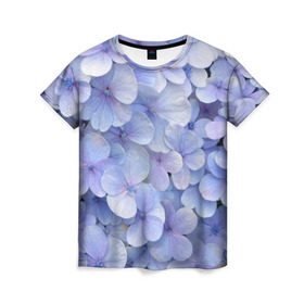 Женская футболка 3D с принтом Гортензия голубая в Петрозаводске, 100% полиэфир ( синтетическое хлопкоподобное полотно) | прямой крой, круглый вырез горловины, длина до линии бедер | hydrangea | лето | нежность | незабудка | цветы