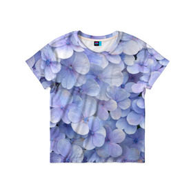 Детская футболка 3D с принтом Гортензия голубая в Петрозаводске, 100% гипоаллергенный полиэфир | прямой крой, круглый вырез горловины, длина до линии бедер, чуть спущенное плечо, ткань немного тянется | Тематика изображения на принте: hydrangea | лето | нежность | незабудка | цветы