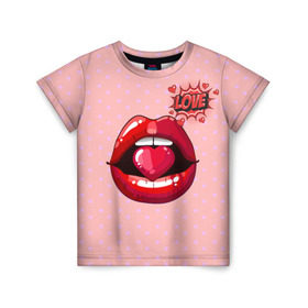 Детская футболка 3D с принтом Lips в Петрозаводске, 100% гипоаллергенный полиэфир | прямой крой, круглый вырез горловины, длина до линии бедер, чуть спущенное плечо, ткань немного тянется | 3d | love | pop art | арт | губы | девушкам | любовь | поп арт | поцелуй | розовый | сердечки