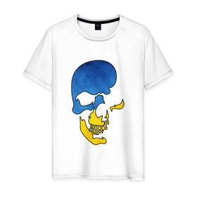 Мужская футболка хлопок с принтом Сине-желтый череп в Петрозаводске, 100% хлопок | прямой крой, круглый вырез горловины, длина до линии бедер, слегка спущенное плечо. | желтый | злой | зубы | кости | символ | синий | скелет | улыбка | череп