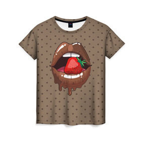 Женская футболка 3D с принтом Шоколадные губки в Петрозаводске, 100% полиэфир ( синтетическое хлопкоподобное полотно) | прямой крой, круглый вырез горловины, длина до линии бедер | 3d | pop art | арт | горошек | губы | девушкам | еда | клубника | кружочек | поп арт | текстура | шоколад | ягоды