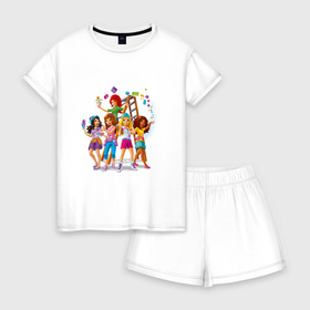 Женская пижама с шортиками хлопок с принтом ЛЕГО Френдс в Петрозаводске, 100% хлопок | футболка прямого кроя, шорты свободные с широкой мягкой резинкой | lego friends | андреа | лучшие подружки | миа | оливия | стефани | эмма