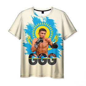 Мужская футболка 3D с принтом Геннадий Головкин в Петрозаводске, 100% полиэфир | прямой крой, круглый вырез горловины, длина до линии бедер | Тематика изображения на принте: fighting | ggg | боец | боксер | борьба | драки