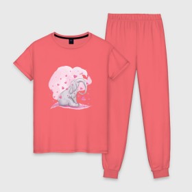 Женская пижама хлопок с принтом Слоник в Петрозаводске, 100% хлопок | брюки и футболка прямого кроя, без карманов, на брюках мягкая резинка на поясе и по низу штанин | акварель | любовь | рисунок | розовый