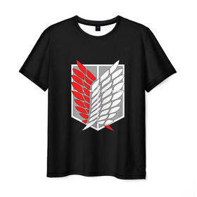 Мужская футболка 3D с принтом Атака Титанов (эмблема) #9 в Петрозаводске, 100% полиэфир | прямой крой, круглый вырез горловины, длина до линии бедер | attack on titan | shingeki no kyojin | белый | красный | чёрный | эмблема разведчиков