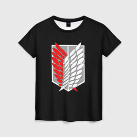 Женская футболка 3D с принтом Атака Титанов (эмблема) #9 в Петрозаводске, 100% полиэфир ( синтетическое хлопкоподобное полотно) | прямой крой, круглый вырез горловины, длина до линии бедер | attack on titan | shingeki no kyojin | белый | красный | чёрный | эмблема разведчиков