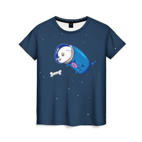 Женская футболка 3D с принтом Собачка в космосе в Петрозаводске, 100% полиэфир ( синтетическое хлопкоподобное полотно) | прямой крой, круглый вырез горловины, длина до линии бедер | звёзды | космонавт | космос | косточка | скафандр | собачка