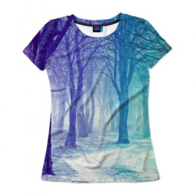 Женская футболка 3D с принтом Мрачный лес в Петрозаводске, 100% полиэфир ( синтетическое хлопкоподобное полотно) | прямой крой, круглый вырез горловины, длина до линии бедер | вечер | деревья | загадочный | зеленый | земля | зима | лес | необычный | природа | свет | свечение | сибирь | снег | тайга | фиолетовый | яркий