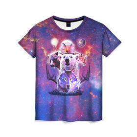 Женская футболка 3D с принтом Звериный прайд в Петрозаводске, 100% полиэфир ( синтетическое хлопкоподобное полотно) | прямой крой, круглый вырез горловины, длина до линии бедер | волк | вселенная | галактика | звезды | медведь | орел | пума | туманность